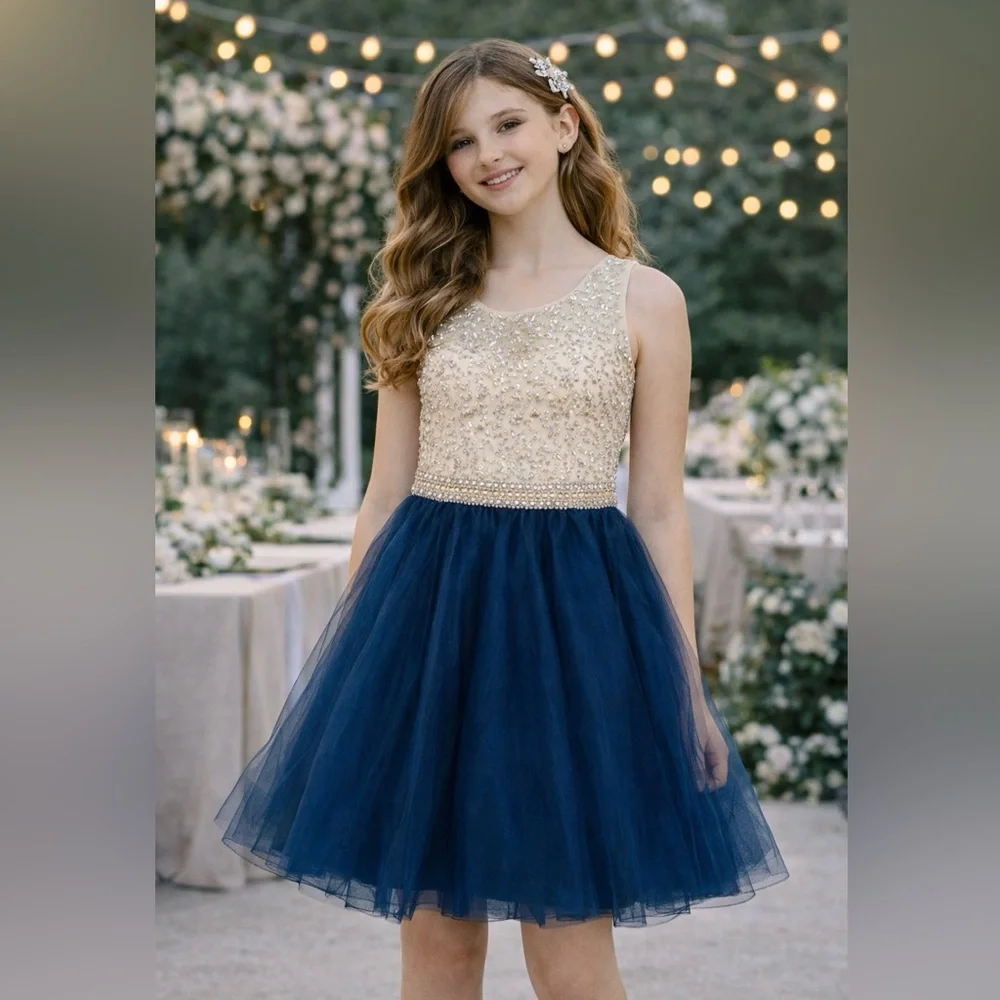 Calla Collection Navy & Gold Tween Special Occasion Dress | Beaded‎ Tulle Skirt